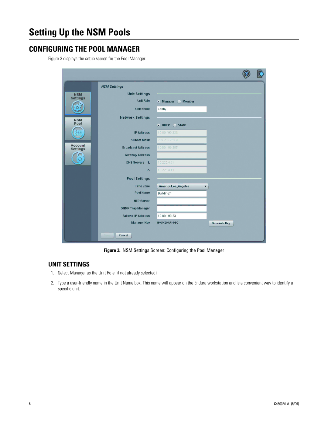 Pelco NSM5200 manual Configuring the Pool Manager, Unit Settings 