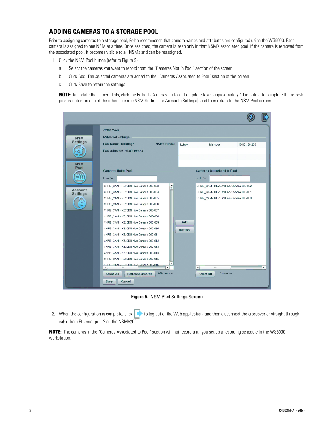 Pelco NSM5200 manual Adding Cameras to a Storage Pool 