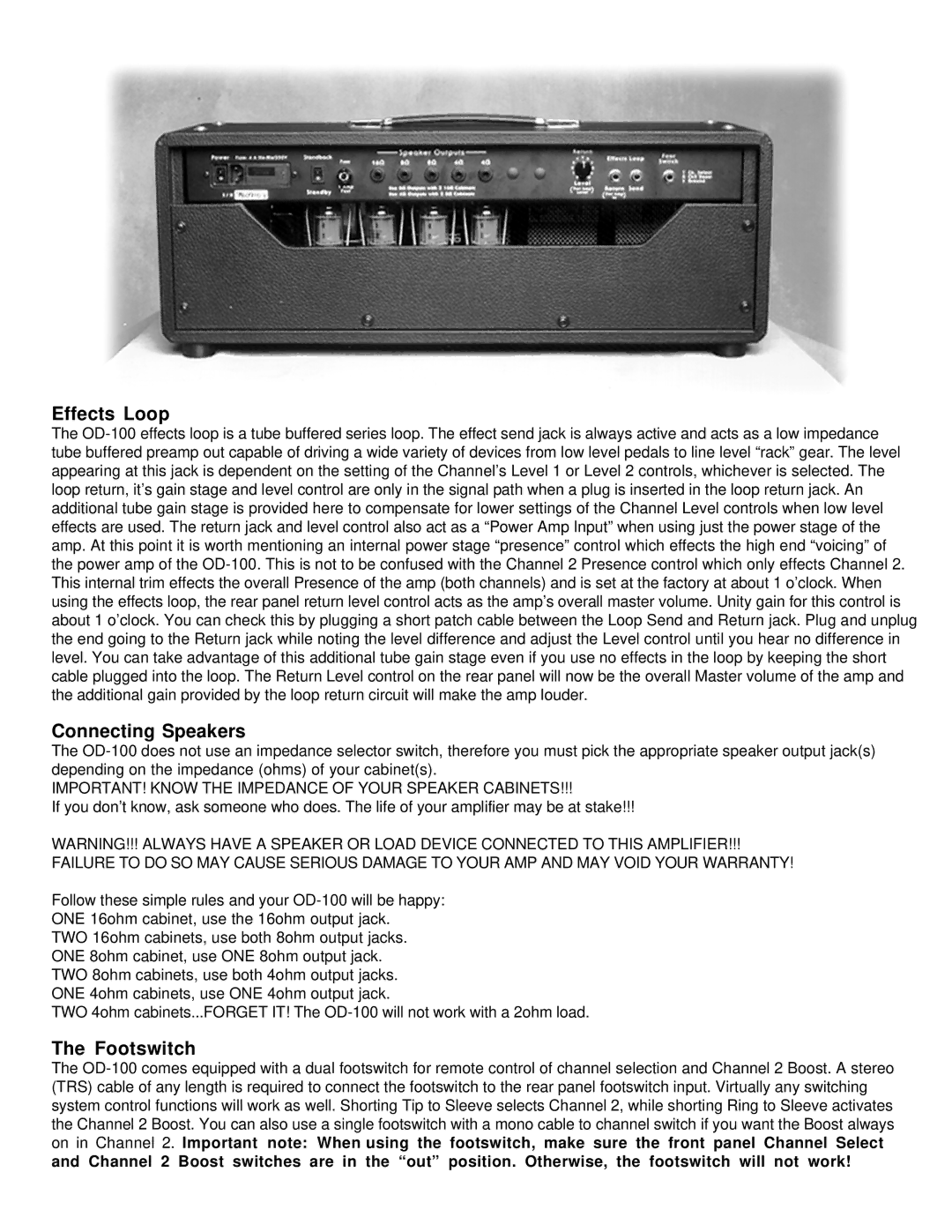 Pelco OD-100 manual Effects Loop, Connecting Speakers, Footswitch 