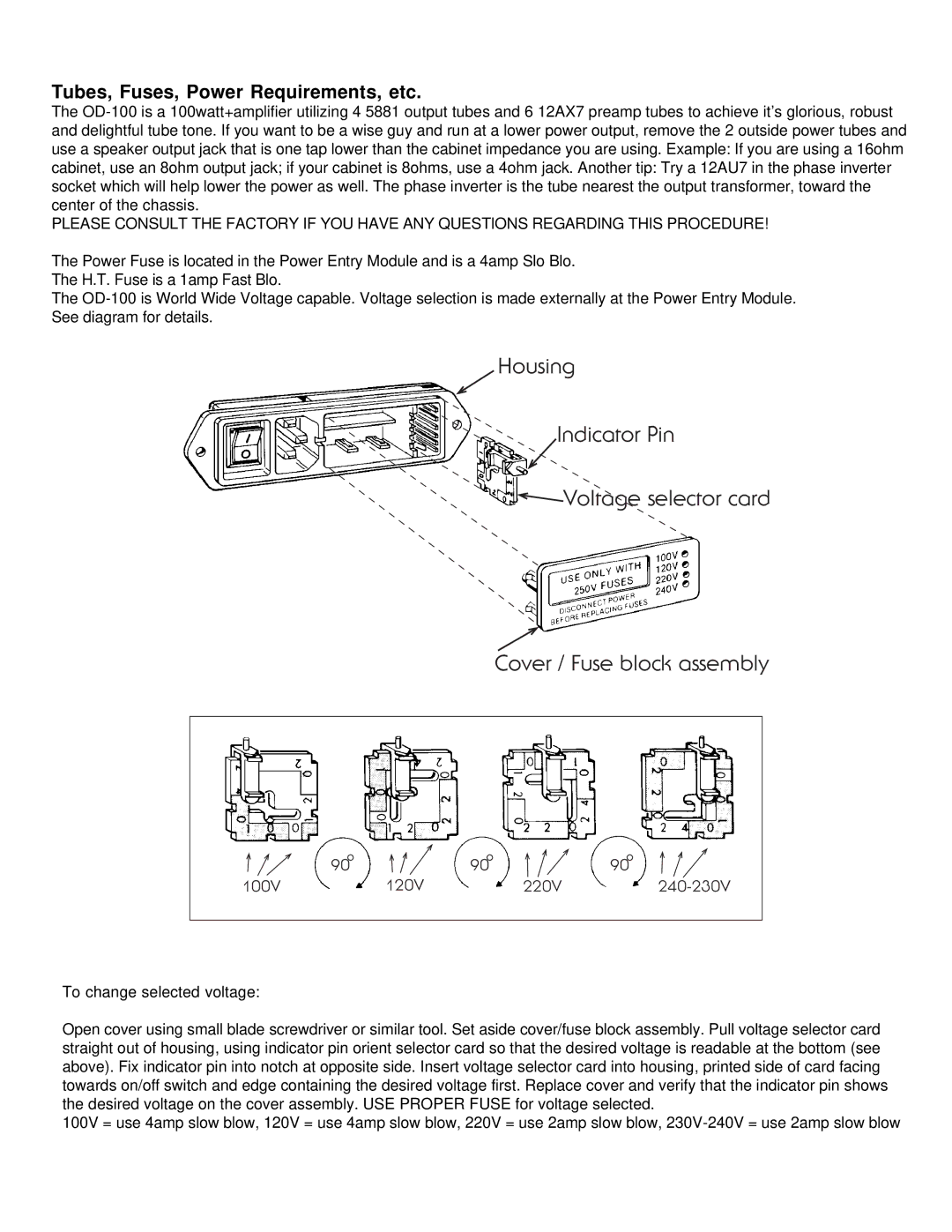 Pelco OD-100 manual Tubes, Fuses, Power Requirements, etc 