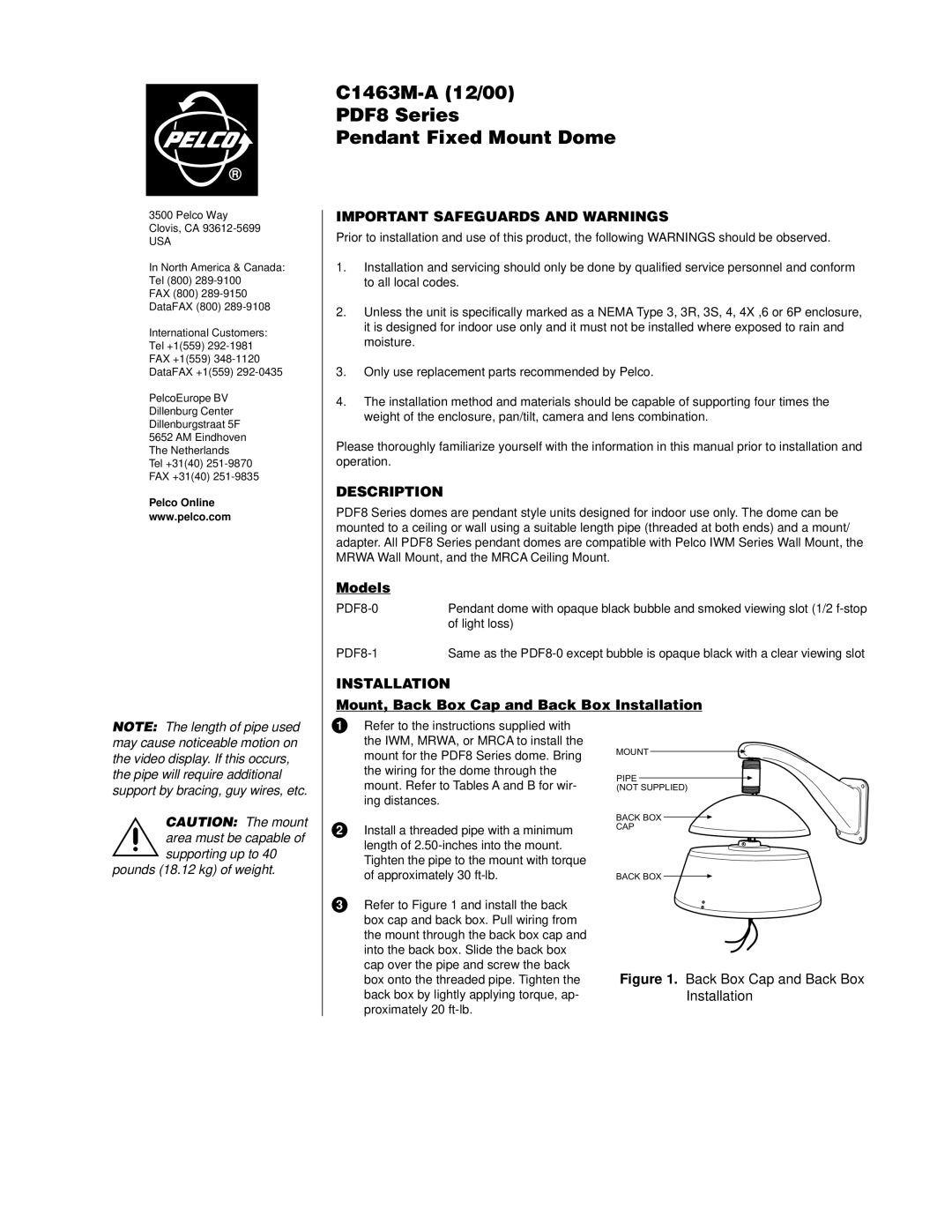 Pelco PDF8 Series manual Important Safeguards and Warnings, Description, Models, Installation 