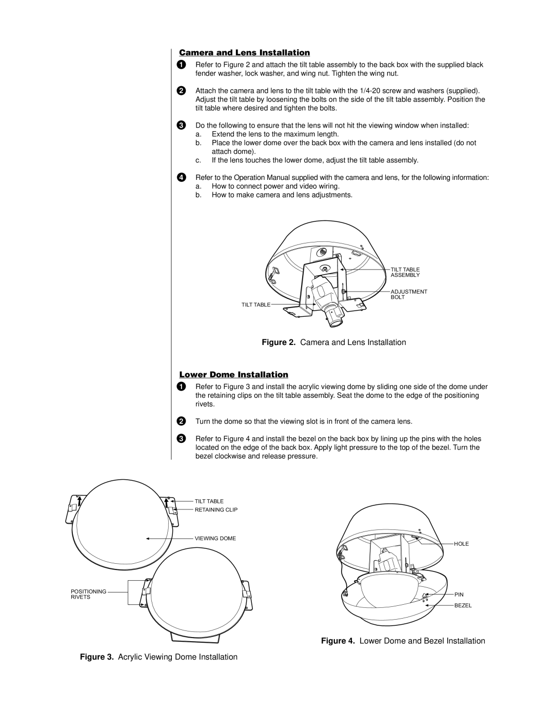 Pelco PDF8 Series manual Camera and Lens Installation, Lower Dome Installation 