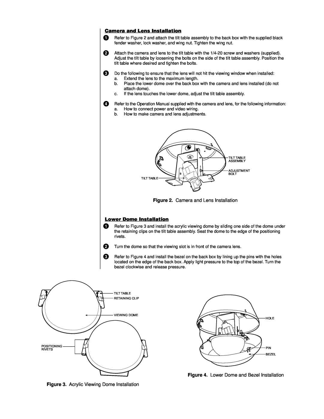 Pelco PDF8 Series manual Camera and Lens Installation, Lower Dome Installation, Lower Dome and Bezel Installation 