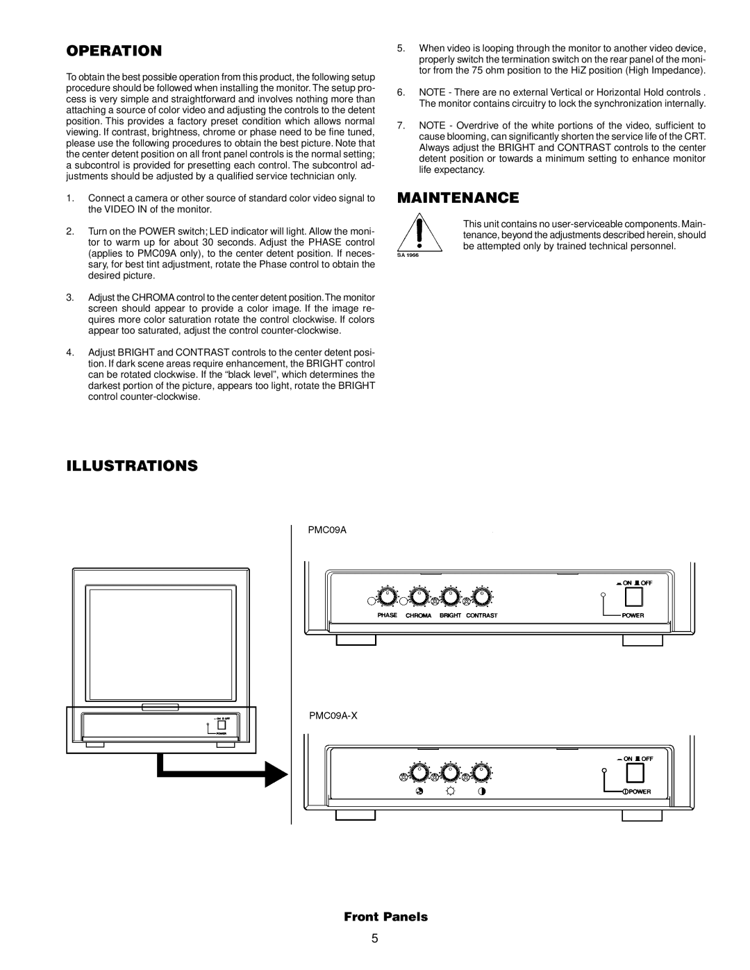 Pelco PMC09A Series operation manual Operation, Illustrations, Maintenance 