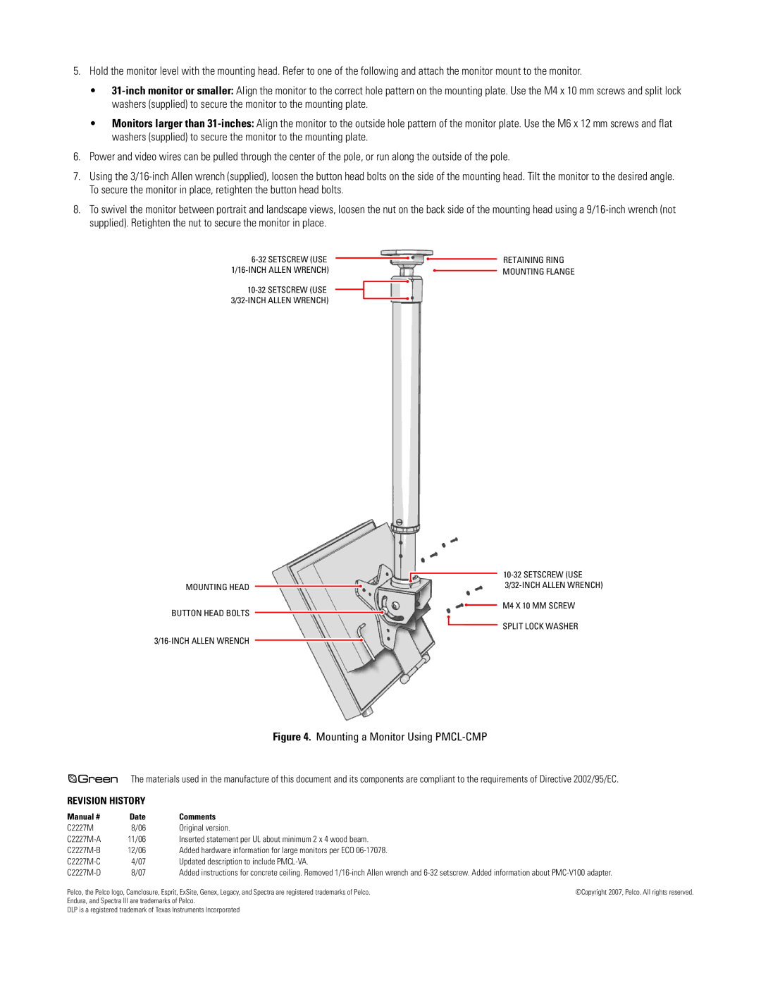 Pelco C2227M-D important safety instructions Mounting a Monitor Using PMCL-CMP 