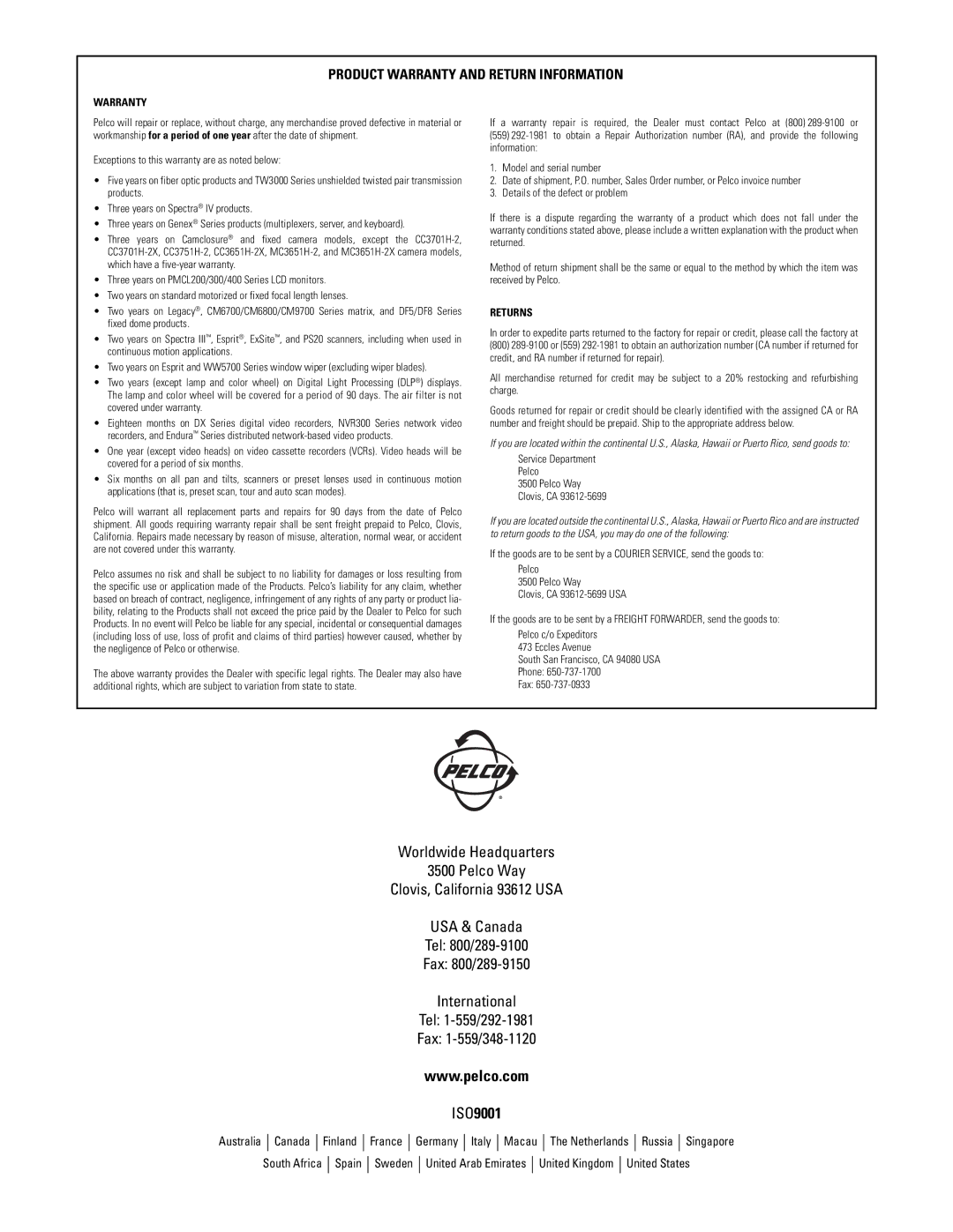 Pelco PMCL-CMP, C2227M-D important safety instructions ISO9001 