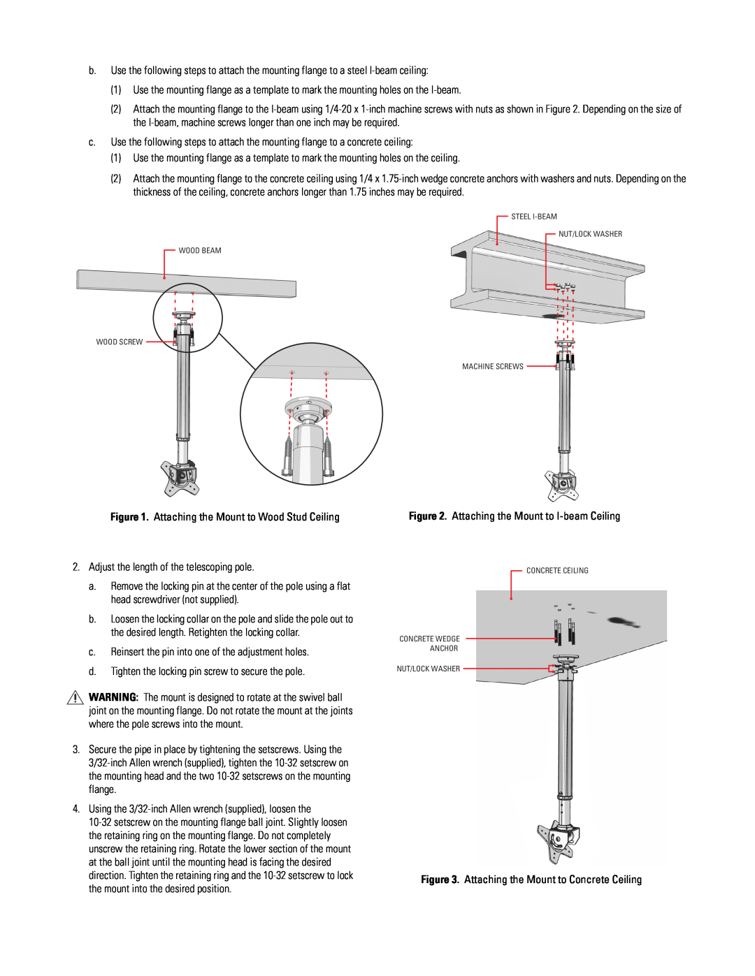 Pelco PMCL-CMP, C2227M-D important safety instructions Attaching the Mount to Wood Stud Ceiling 