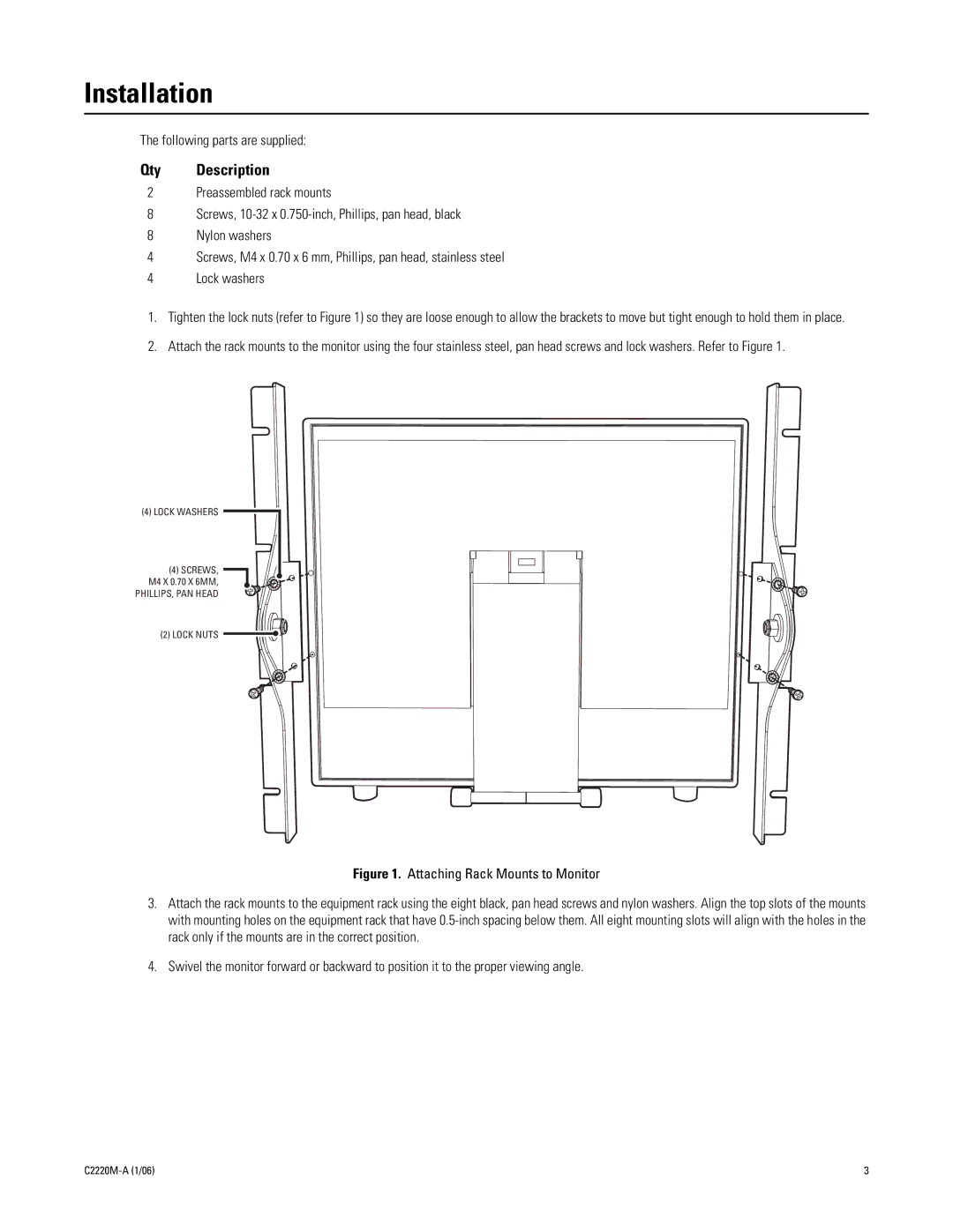 Pelco PMCL-RM17, PMCL-RM19, PMCL-RM15 manual Installation, Qty Description 