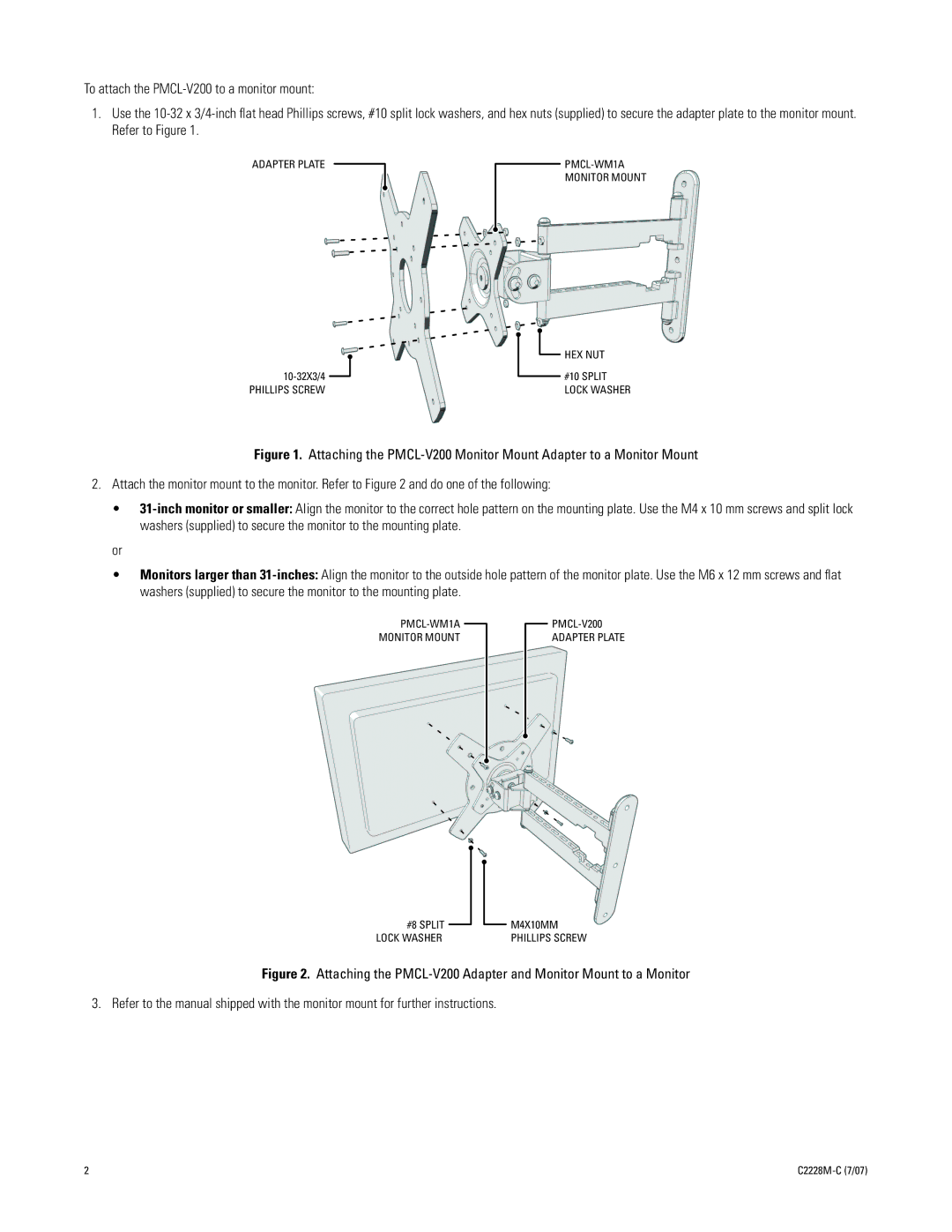 Pelco PMCL-V200 important safety instructions Adapter Plate PMCL-WM1A Monitor Mount 