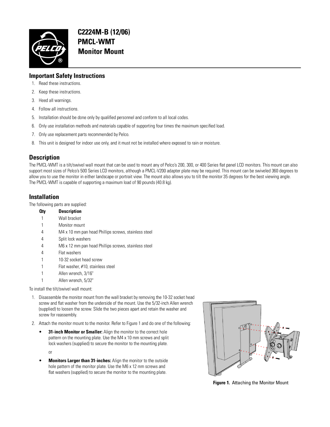 Pelco C2224M-B, PMCL-WMT important safety instructions Description, M4 x 10 mm pan head Phillips screws, stainless steel 