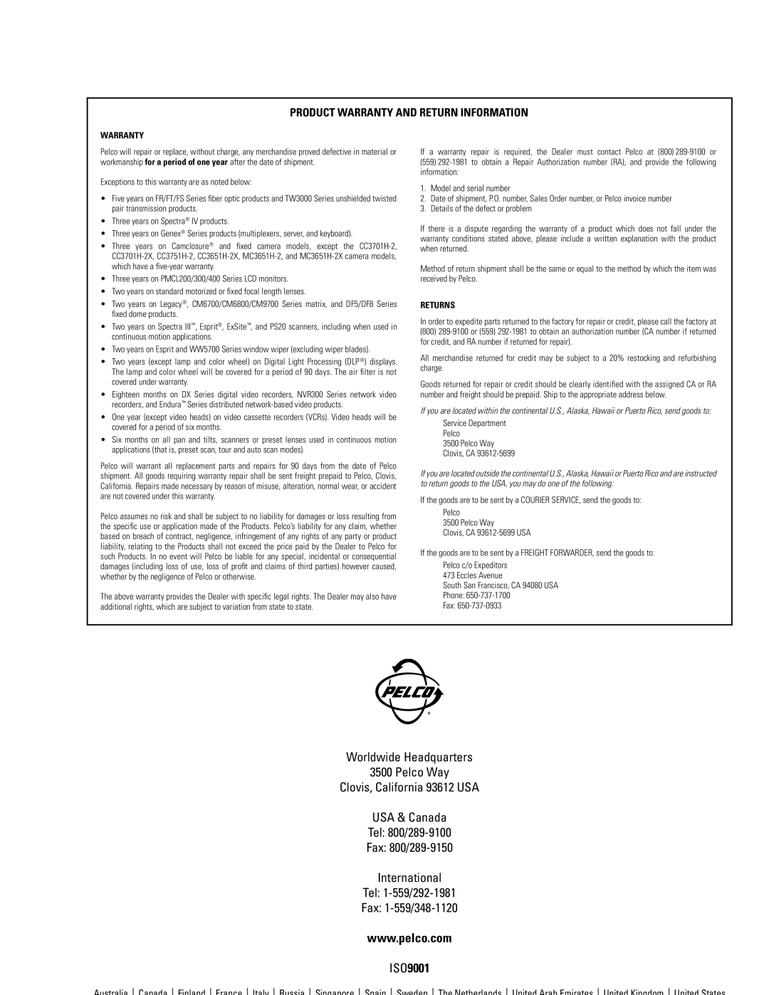 Pelco PMCL-WMT, C2224M-B important safety instructions Service Department Pelco Pelco Way Clovis, CA, Fax 