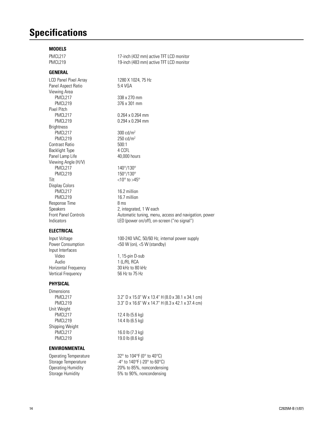 Pelco PMCL219 manual Specifications, General 