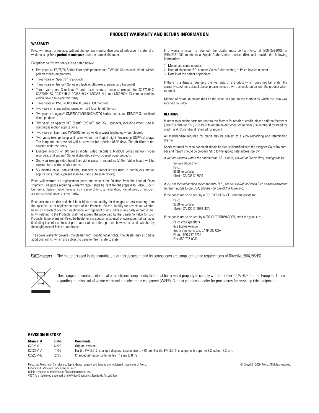 Pelco PMCL219 manual Product Warranty and Return Information 