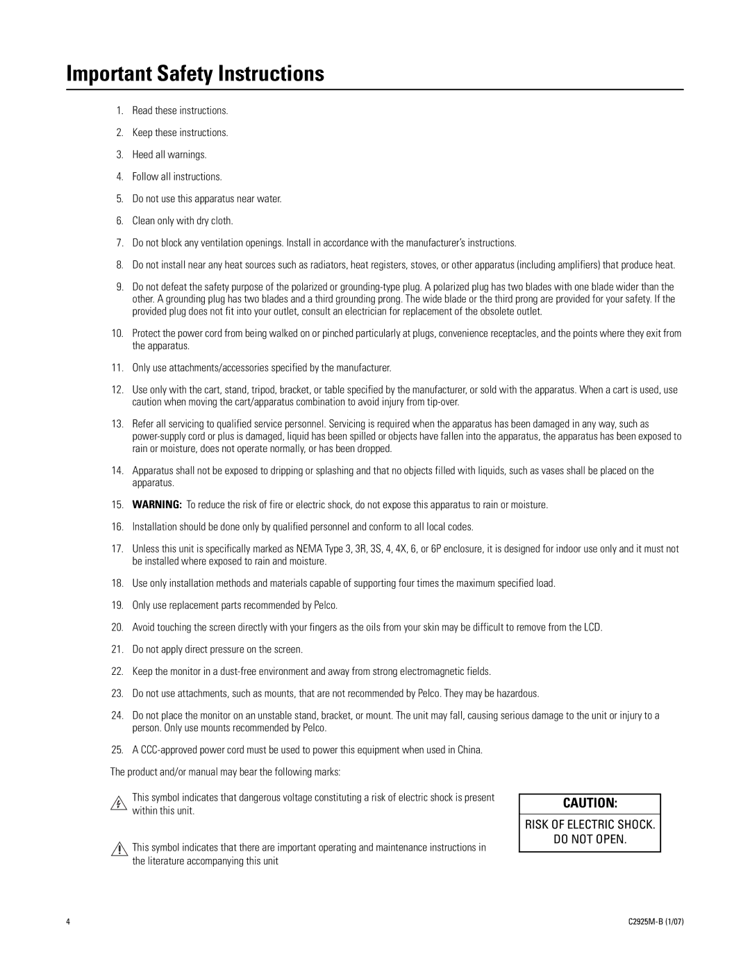 Pelco PMCL219 manual Important Safety Instructions 