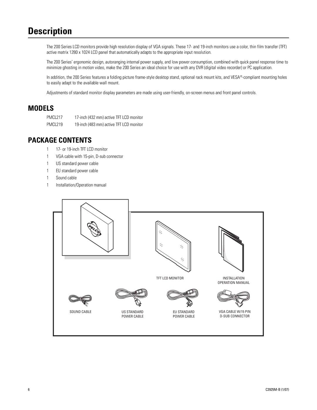 Pelco PMCL219 manual Description, Models, Package Contents 