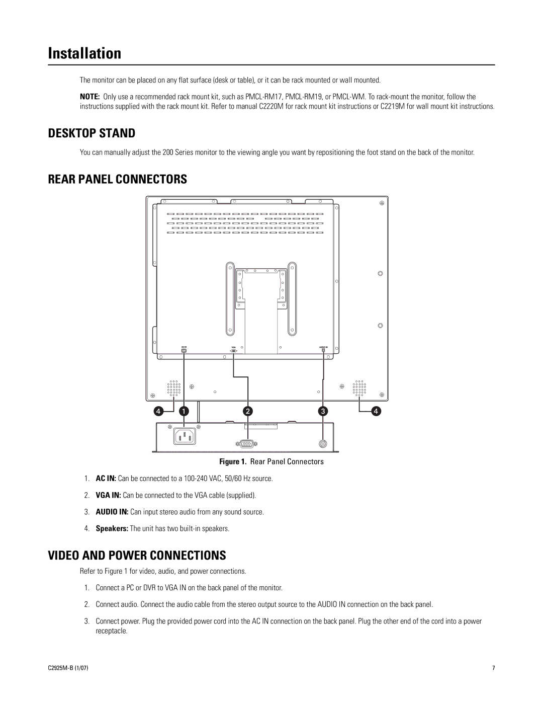 Pelco PMCL219 manual Installation, Desktop Stand, Rear Panel Connectors, Video and Power Connections 