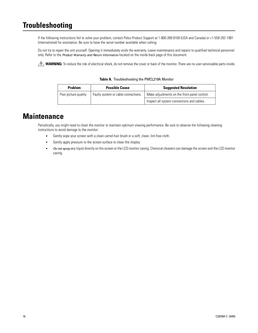 Pelco PMCL219A manual Troubleshooting, Maintenance 