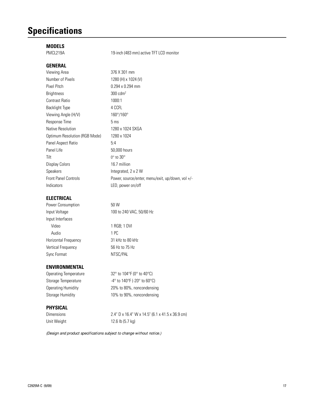 Pelco PMCL219A manual Specifications, General 