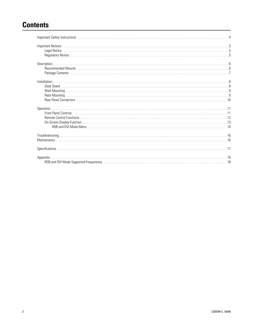 Pelco PMCL219A manual Contents 