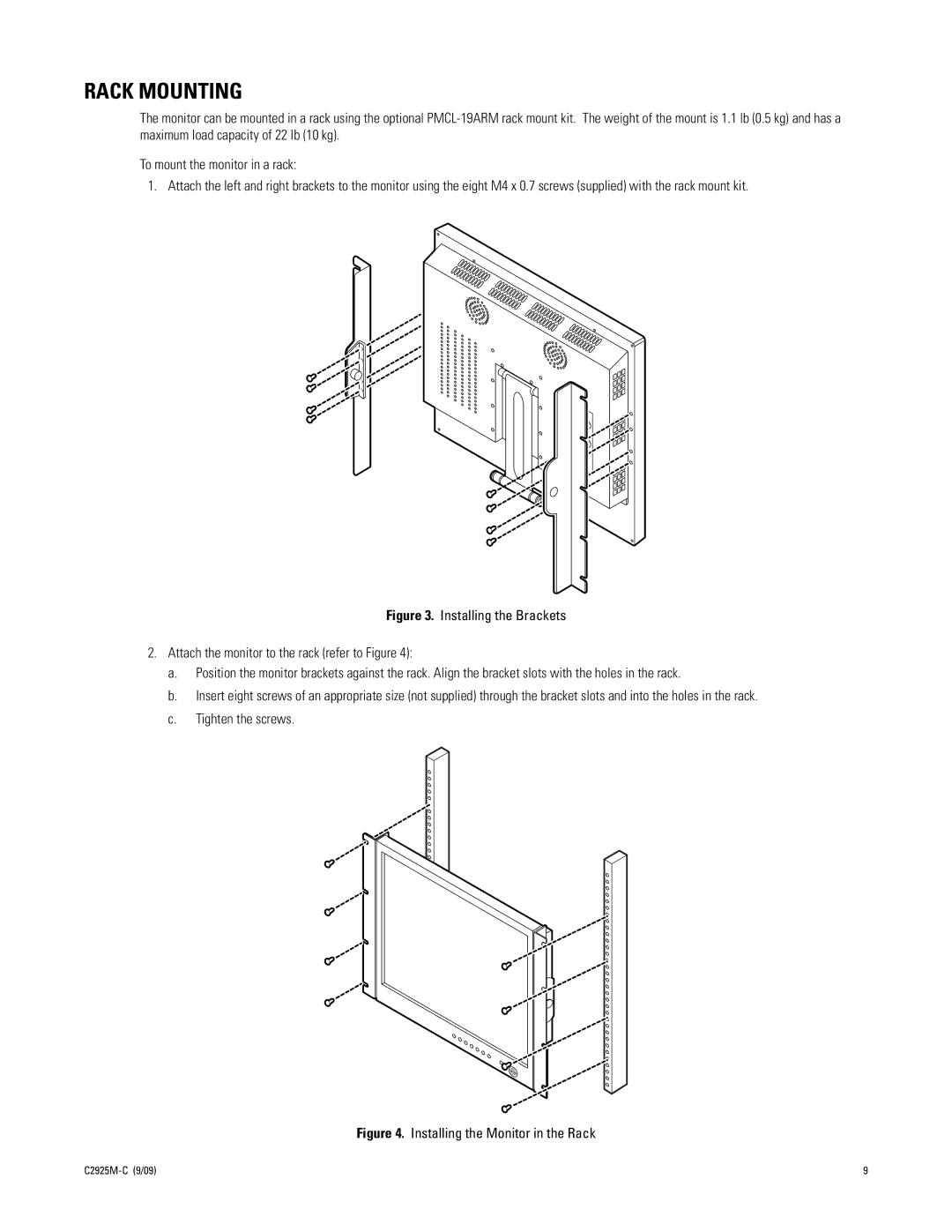 Pelco PMCL219A manual Rack Mounting, Installing the Monitor in the Rack 