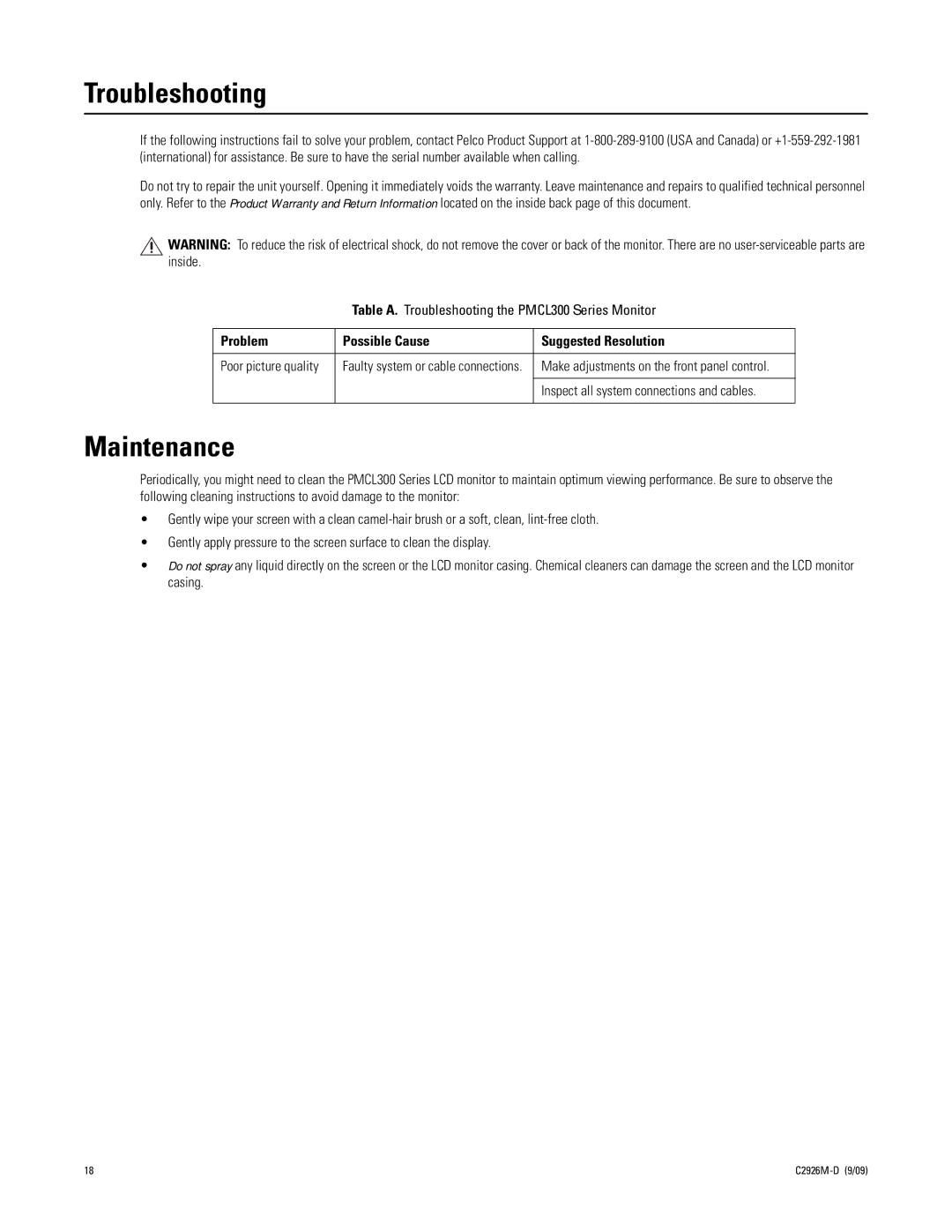 Pelco PMCL300 manual Troubleshooting, Maintenance 