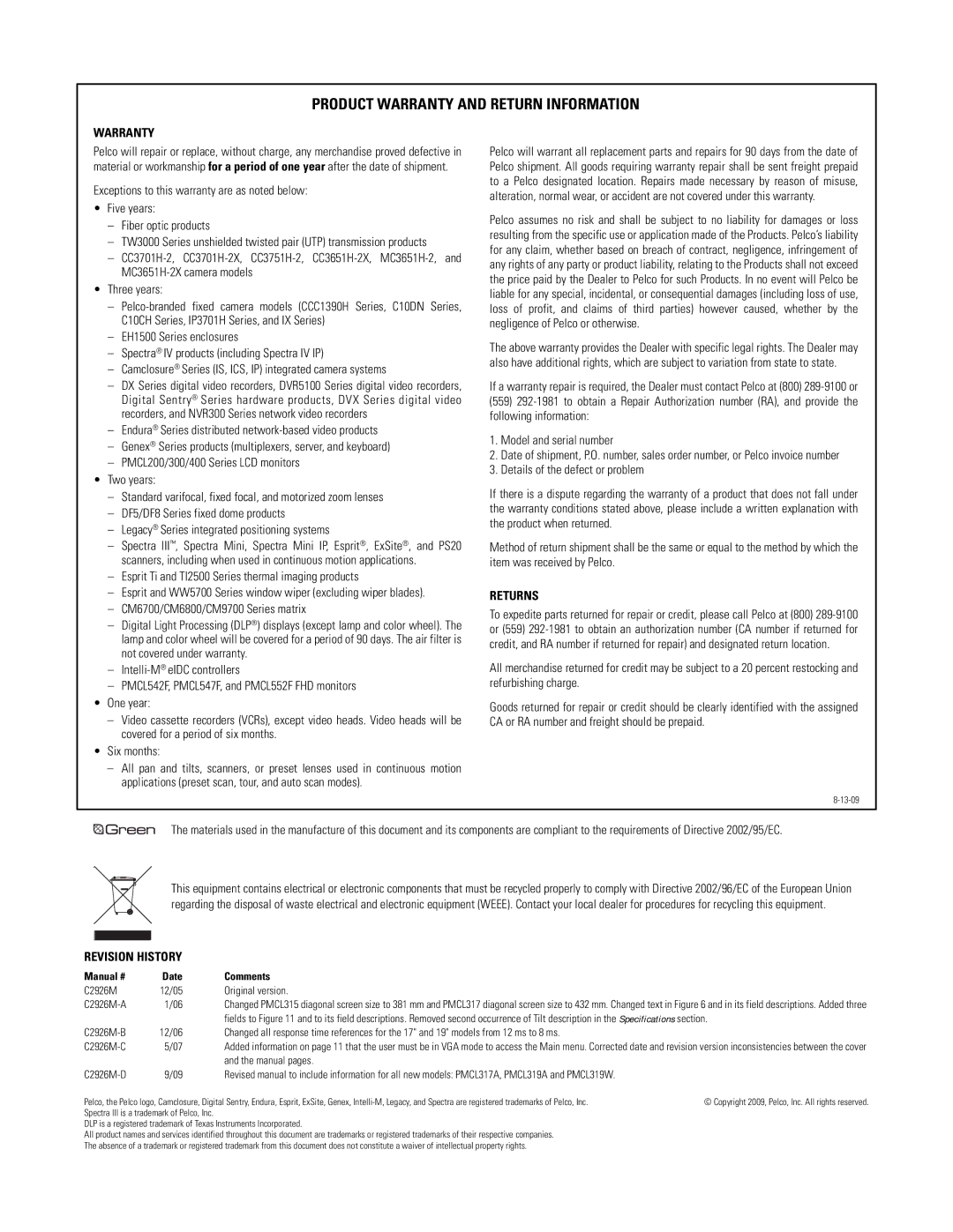 Pelco PMCL300 manual Product Warranty and Return Information 