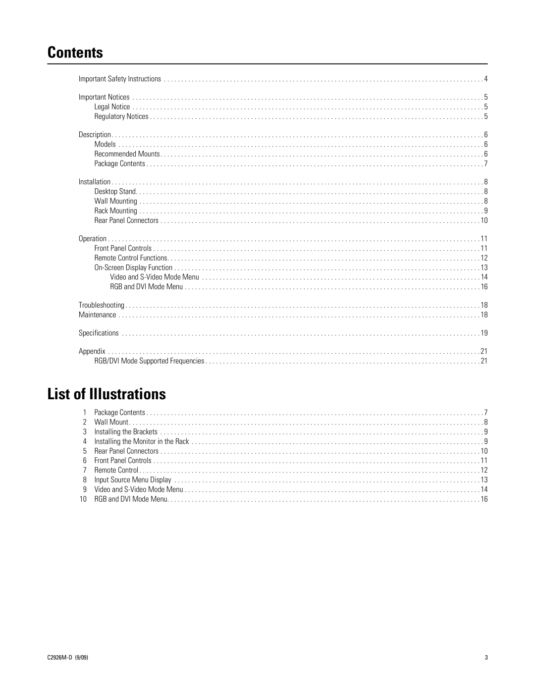 Pelco PMCL300 manual Contents, List of Illustrations 