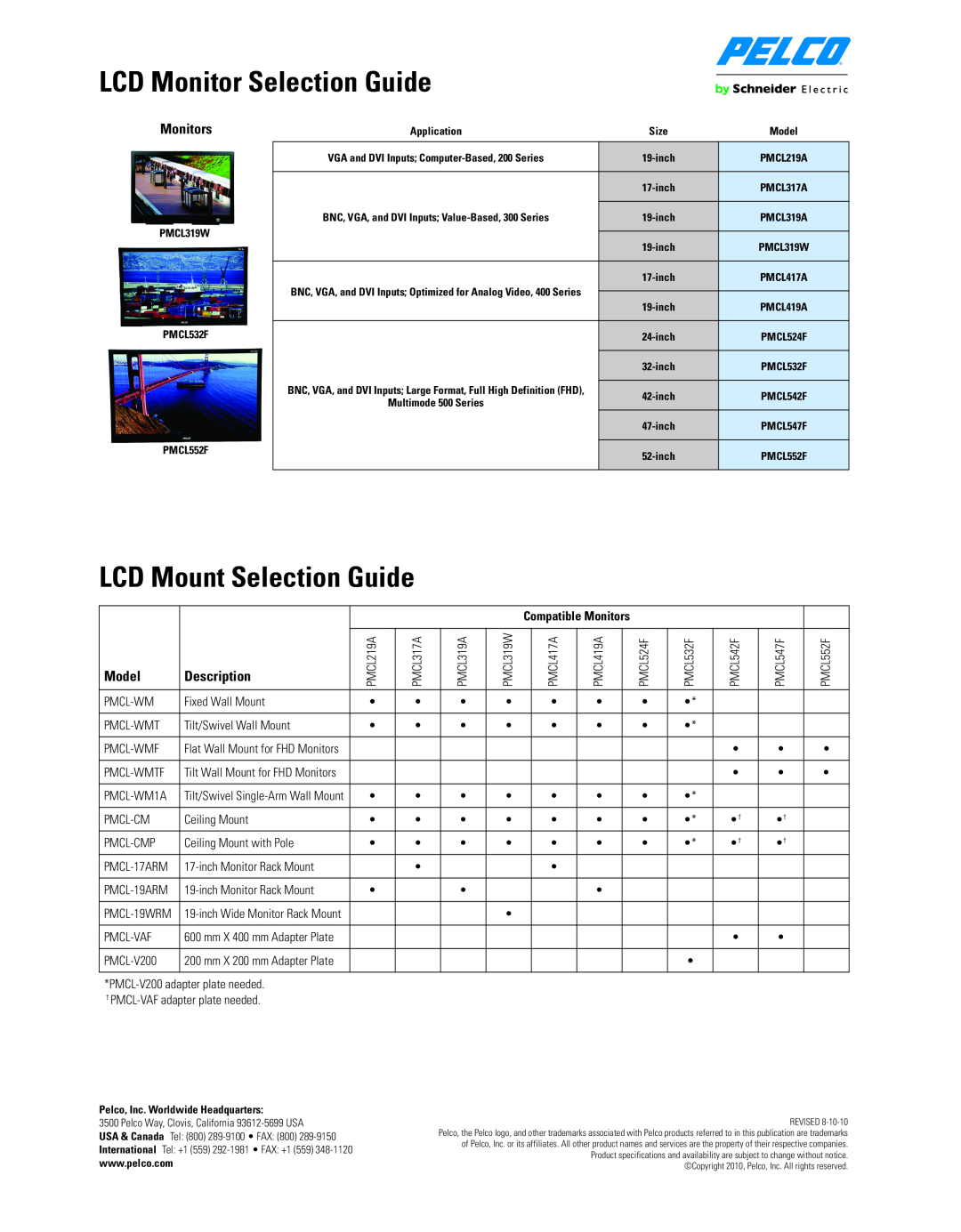 Pelco PMCL317A, PMCL319A specifications LCD Monitor Selection Guide, LCD Mount Selection Guide, Model, Description 