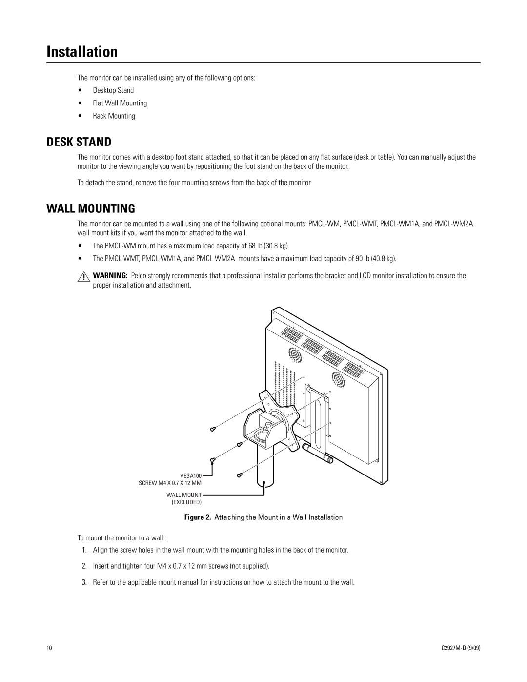 Pelco PMCL400 Series manual Installation, Desk Stand, Wall Mounting 