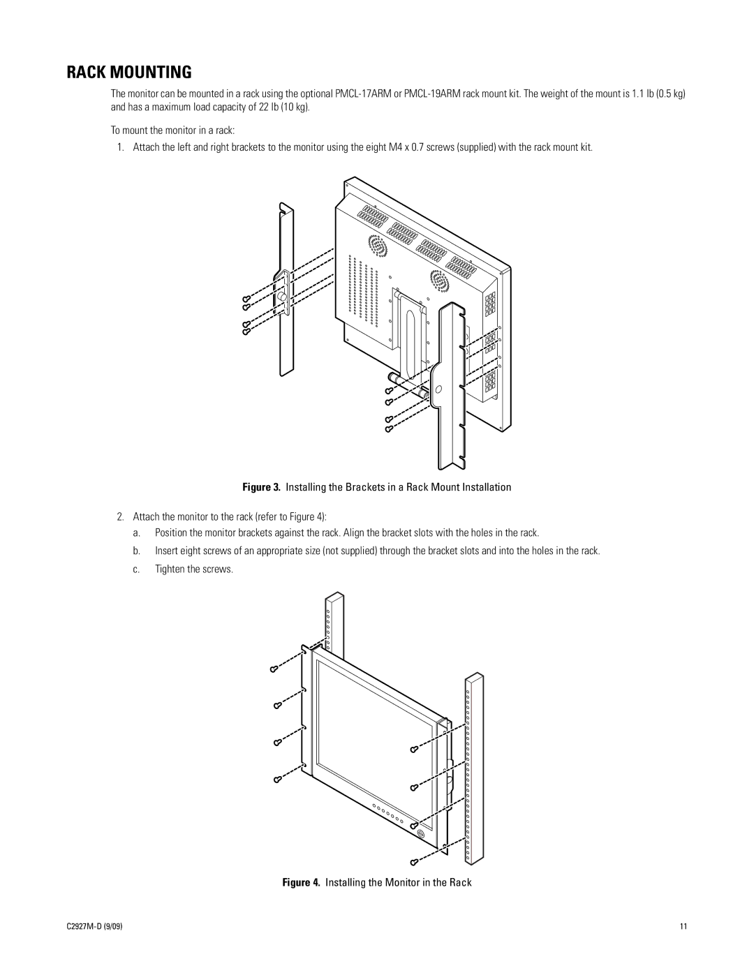 Pelco PMCL400 Series manual Rack Mounting, Installing the Monitor in the Rack 