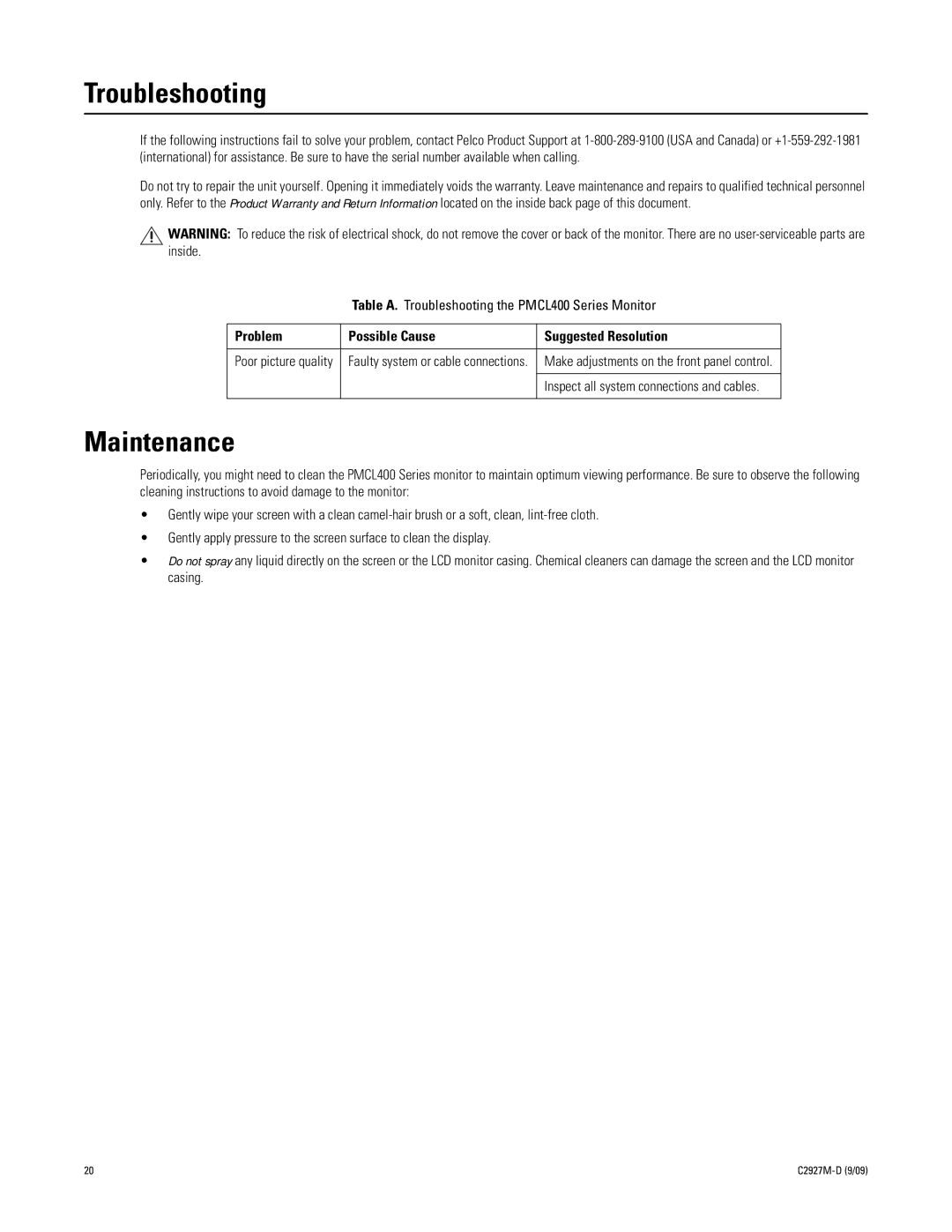 Pelco PMCL400 Series manual Troubleshooting, Maintenance 