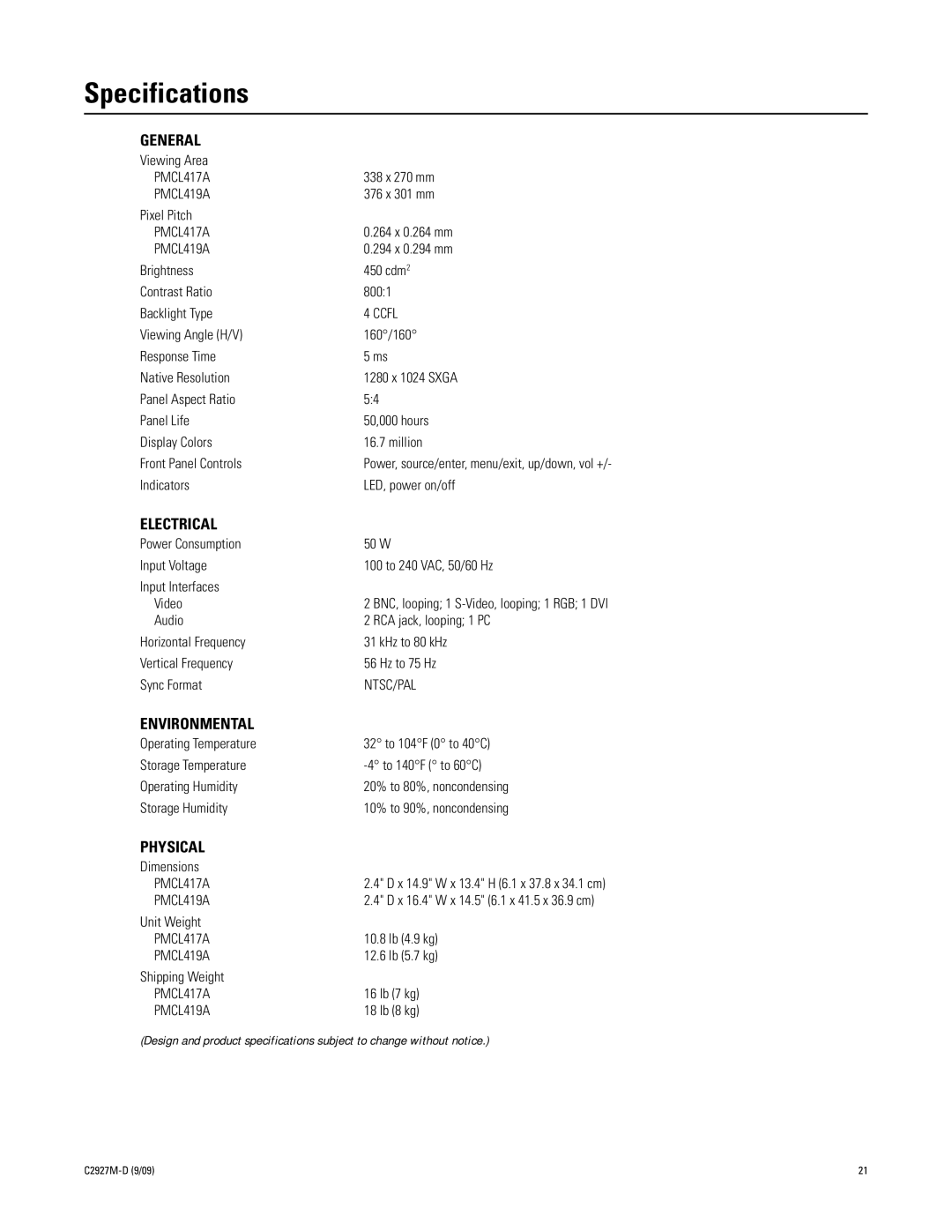 Pelco PMCL400 Series manual Specifications, General 