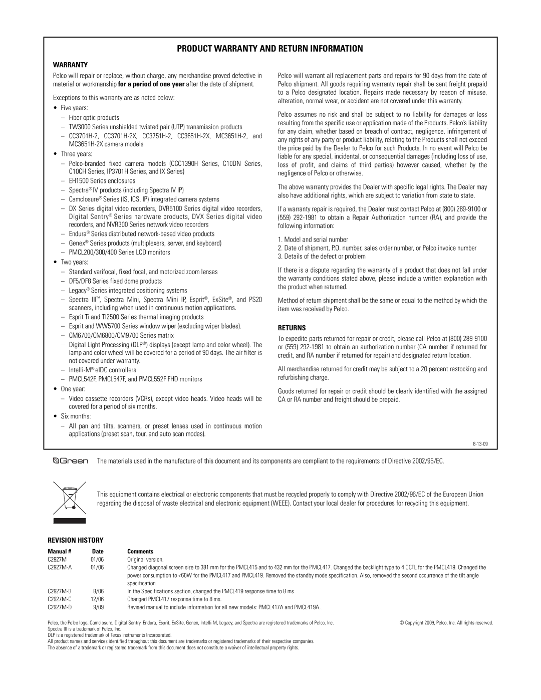 Pelco PMCL400 Series manual Product Warranty and Return Information 