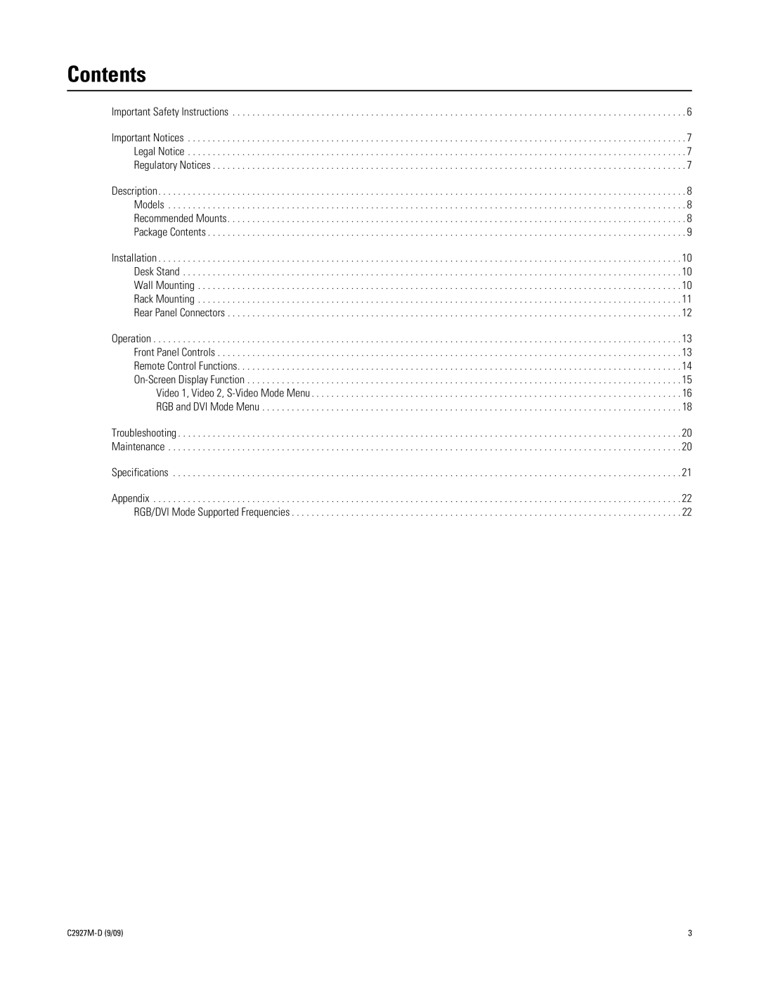 Pelco PMCL400 Series manual Contents 