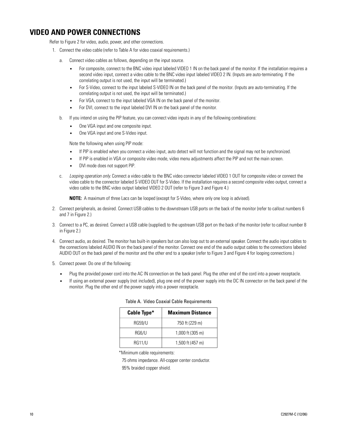 Pelco PMCL417, PMCL419 manual Video and Power Connections, DVI mode does not support PIP 