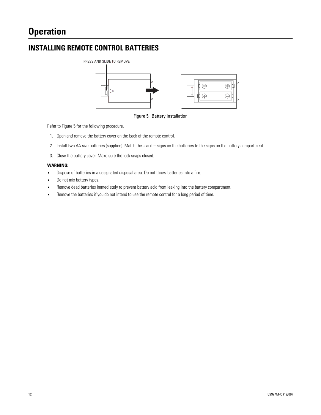 Pelco PMCL417, PMCL419 manual Operation, Installing Remote Control Batteries 