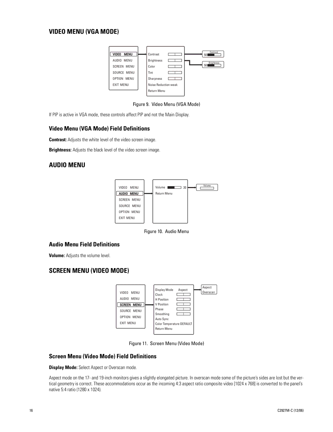 Pelco PMCL417, PMCL419 manual Video Menu VGA Mode, Audio Menu, Screen Menu Video Mode 