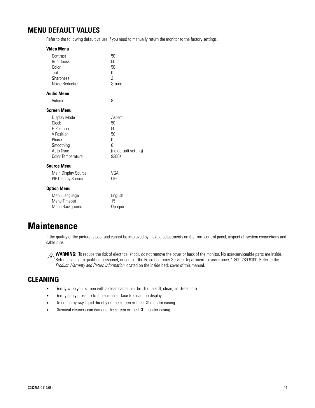 Pelco PMCL419, PMCL417 manual Maintenance, Menu Default Values, Cleaning 