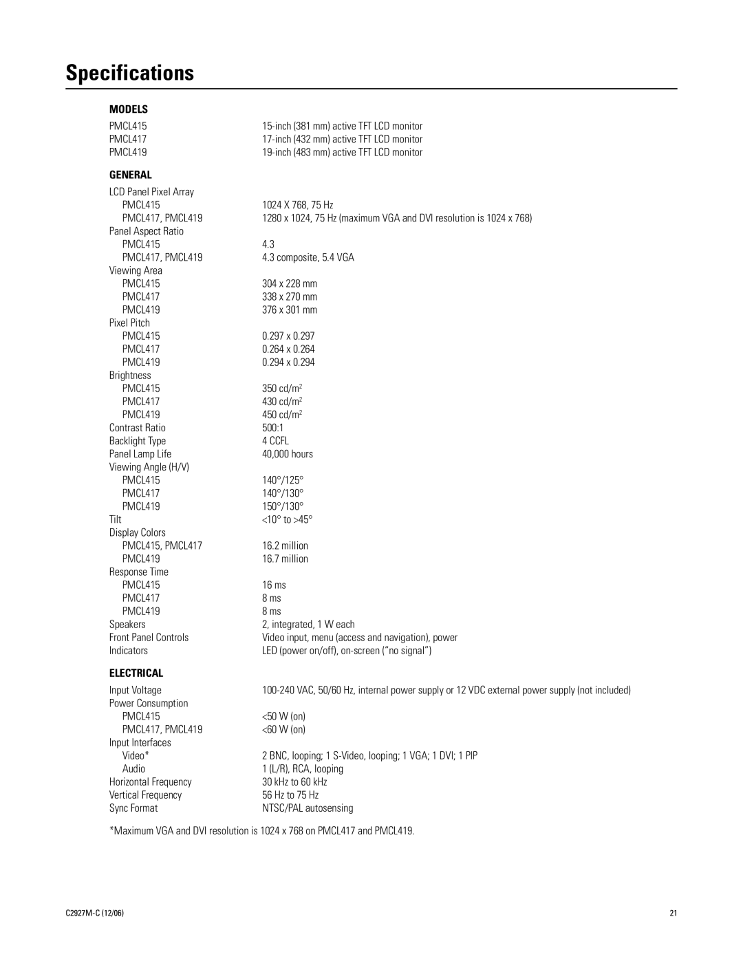 Pelco PMCL419, PMCL417 manual Specifications, Models 