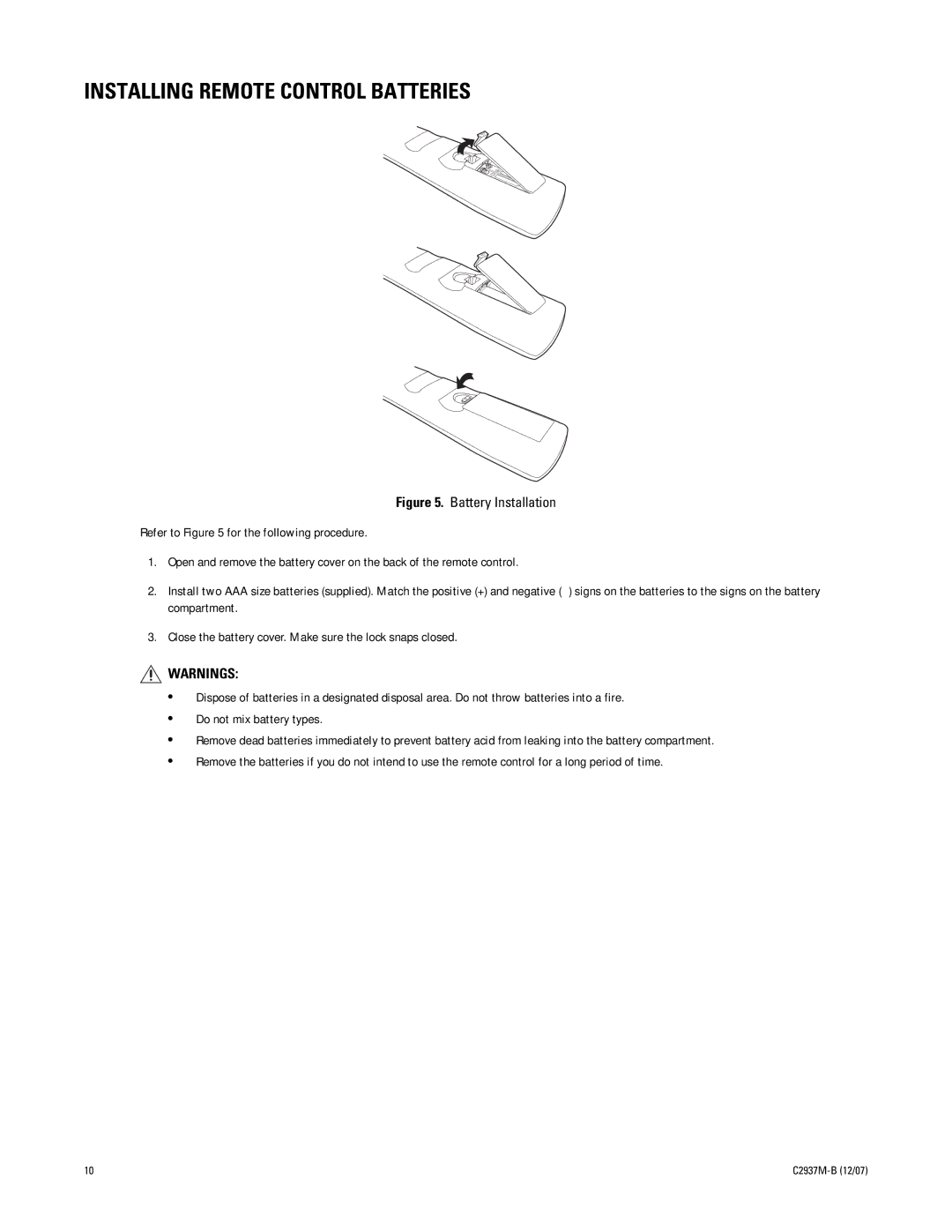 Pelco PMCL537A, PMCL526A, PMCL542A, PMCL532A manual Installing Remote Control Batteries 