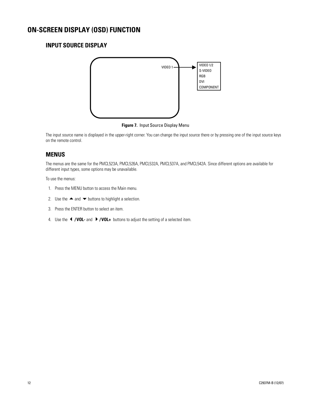 Pelco PMCL526A, PMCL542A, PMCL537A, PMCL532A manual ON-SCREEN Display OSD Function, Menus 