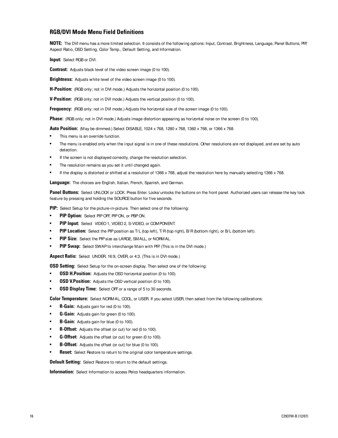 Pelco PMCL526A, PMCL542A, PMCL537A, PMCL532A manual RGB/DVI Mode Menu Field Definitions 