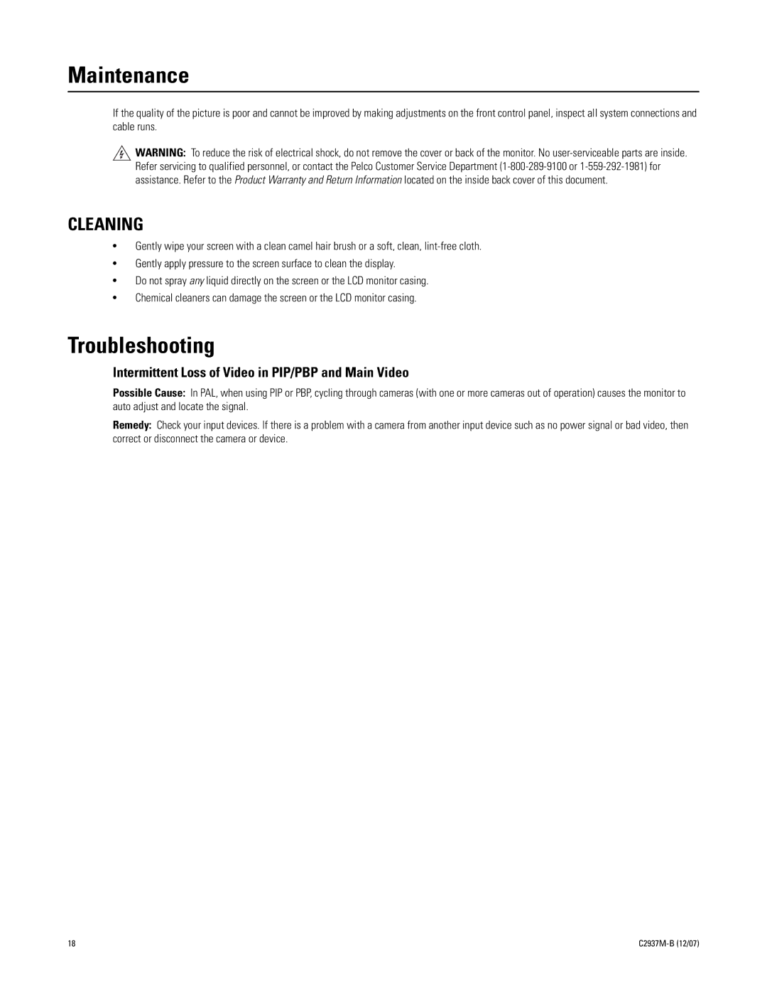 Pelco PMCL537A, PMCL526A, PMCL542A, PMCL532A manual Maintenance, Troubleshooting, Cleaning 