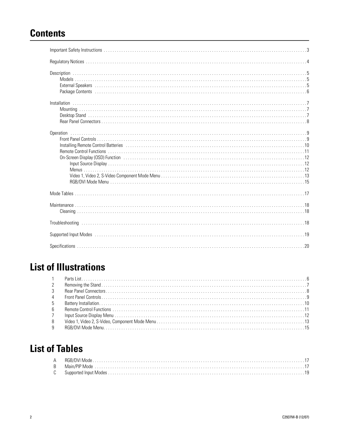 Pelco PMCL537A, PMCL526A, PMCL542A, PMCL532A manual Contents, List of Illustrations, List of Tables 