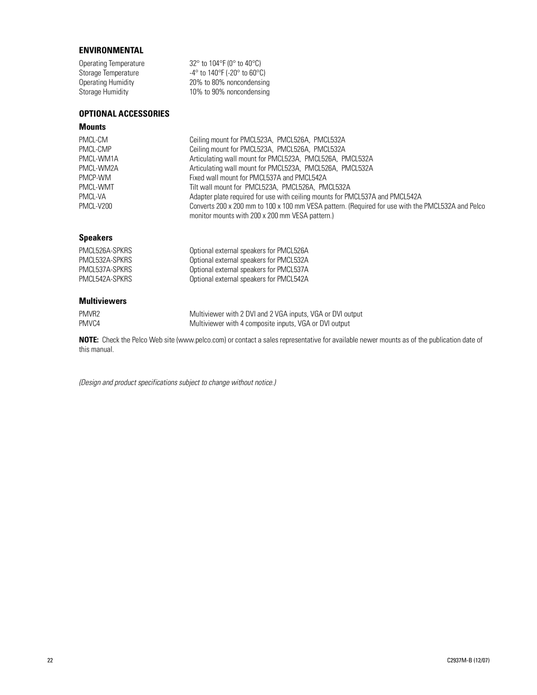 Pelco PMCL537A, PMCL526A, PMCL542A, PMCL532A manual Environmental, Optional Accessories 