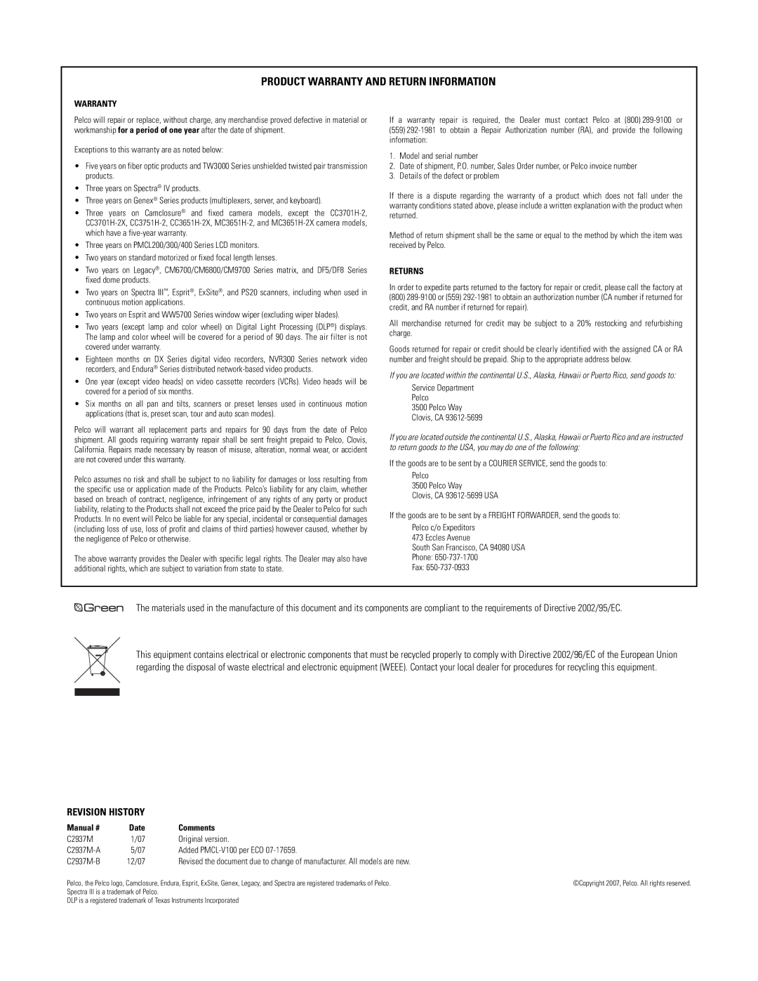 Pelco PMCL532A, PMCL526A, PMCL542A, PMCL537A manual Product Warranty and Return Information 