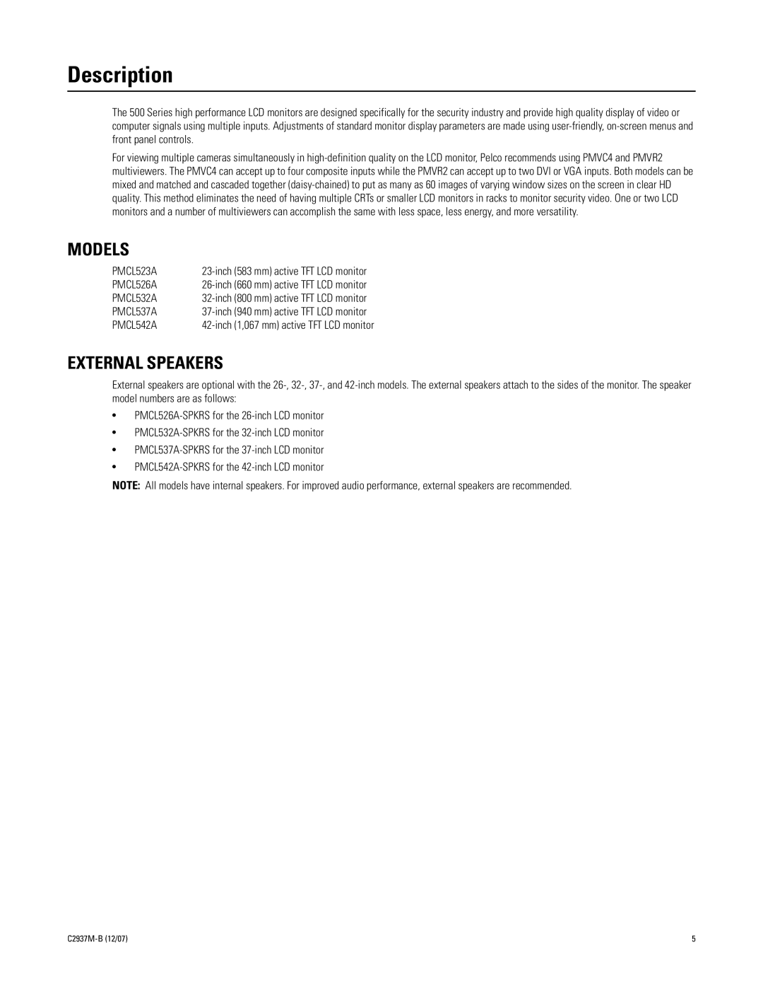 Pelco PMCL542A, PMCL526A, PMCL537A, PMCL532A manual Description, Models, External Speakers 