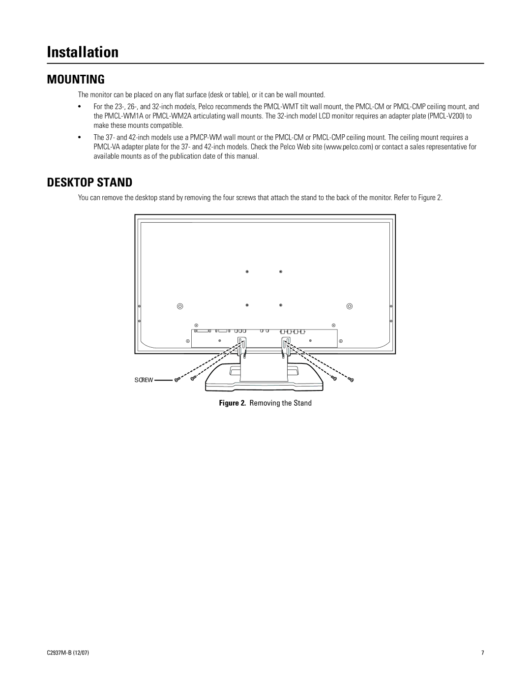 Pelco PMCL532A, PMCL526A, PMCL542A, PMCL537A manual Installation, Mounting, Desktop Stand 