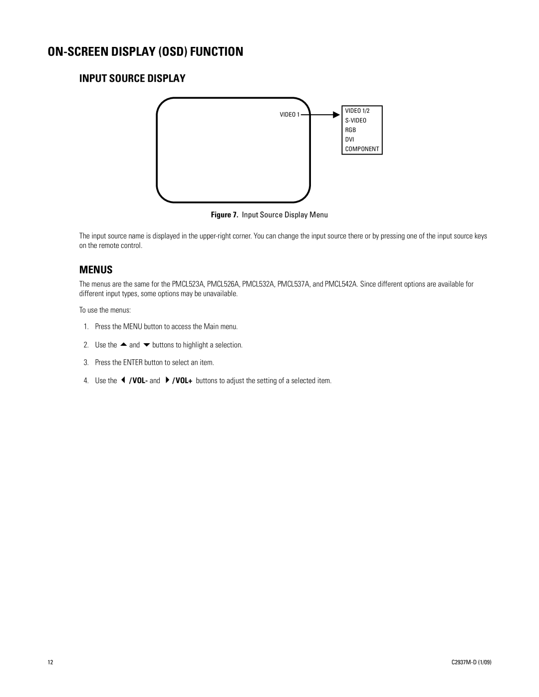 Pelco PMCL526A, PMCL542A, PMCL537A, PMCL532A manual ON-SCREEN Display OSD Function, Menus 