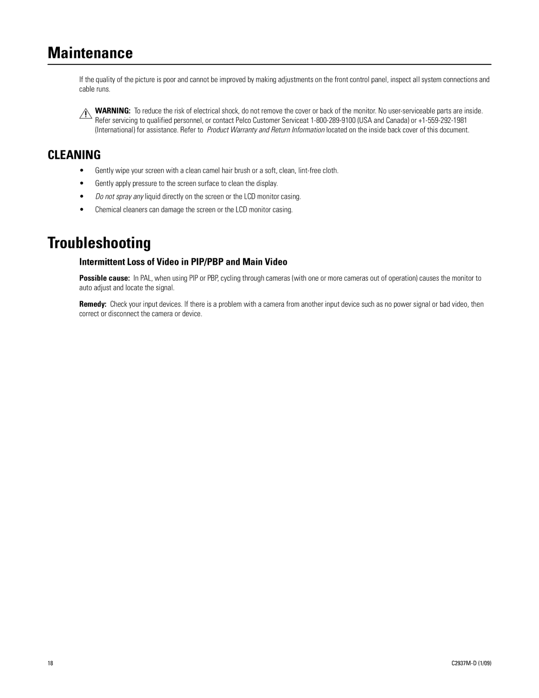 Pelco PMCL537A, PMCL526A, PMCL542A, PMCL532A manual Maintenance, Troubleshooting, Cleaning 